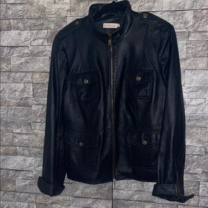 Tory Burch Navy Blue Leather Jacket with Gold Accents
